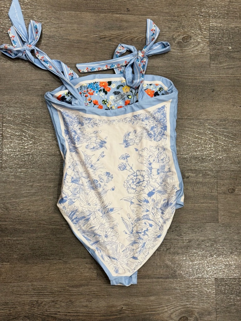 Reversible Light Blue Floral Tie-Shoulder One-Piece Swimsuit - Picture 4 of 4